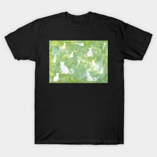 Green Watercolor Cat and Fish Bone Painting T-Shirt
